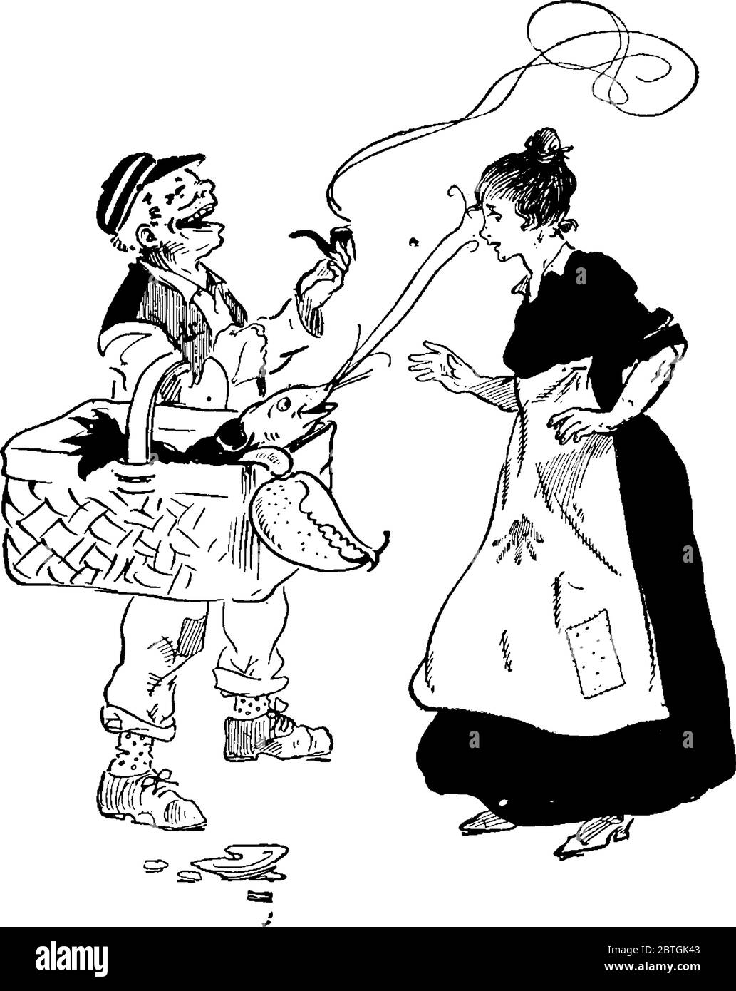 Cartone animato in cui un uomo che cammina tenendo un cesto pieno di pesci in mano e una donna che guida il cesto, disegno di linea vintage o incisione illu Illustrazione Vettoriale