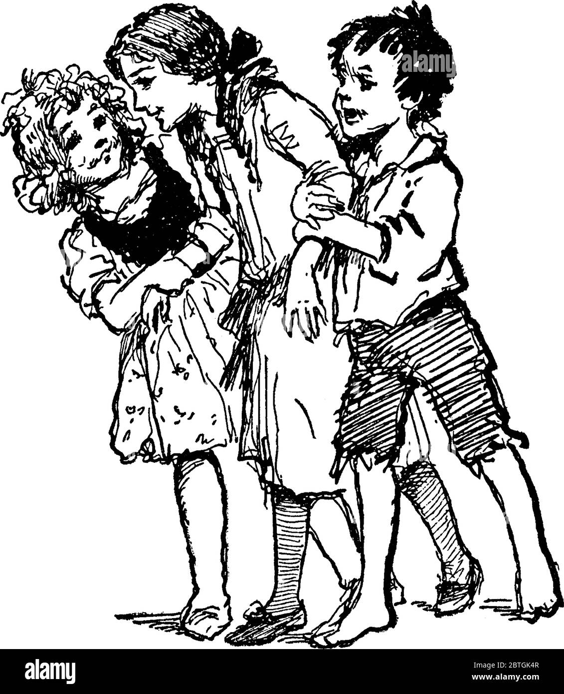 Un ragazzo e una ragazza tengono le mani di un'altra ragazza, che non ha l'abilità di camminare da sola; e dà il suo sostegno, mentre tenta di camminare, annata lin Illustrazione Vettoriale
