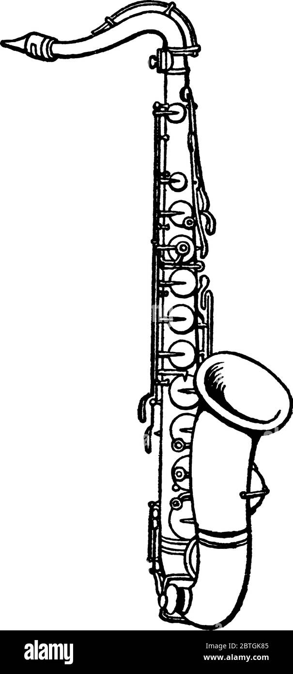 Il sassofono, strumento musicale della classe clarinetto della famiglia woodwind, disegno di linee d'epoca o illustrazione dell'incisione. Illustrazione Vettoriale