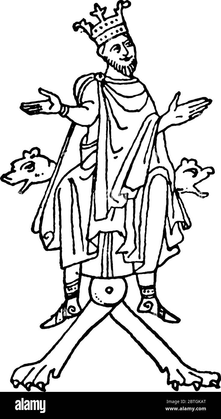 La sedia pieghevole medievale del IX o X secolo comprendeva un dipinto in miniatura di Re Nabuchodonosor, disegno di linee d'epoca o illusione di incisione Illustrazione Vettoriale