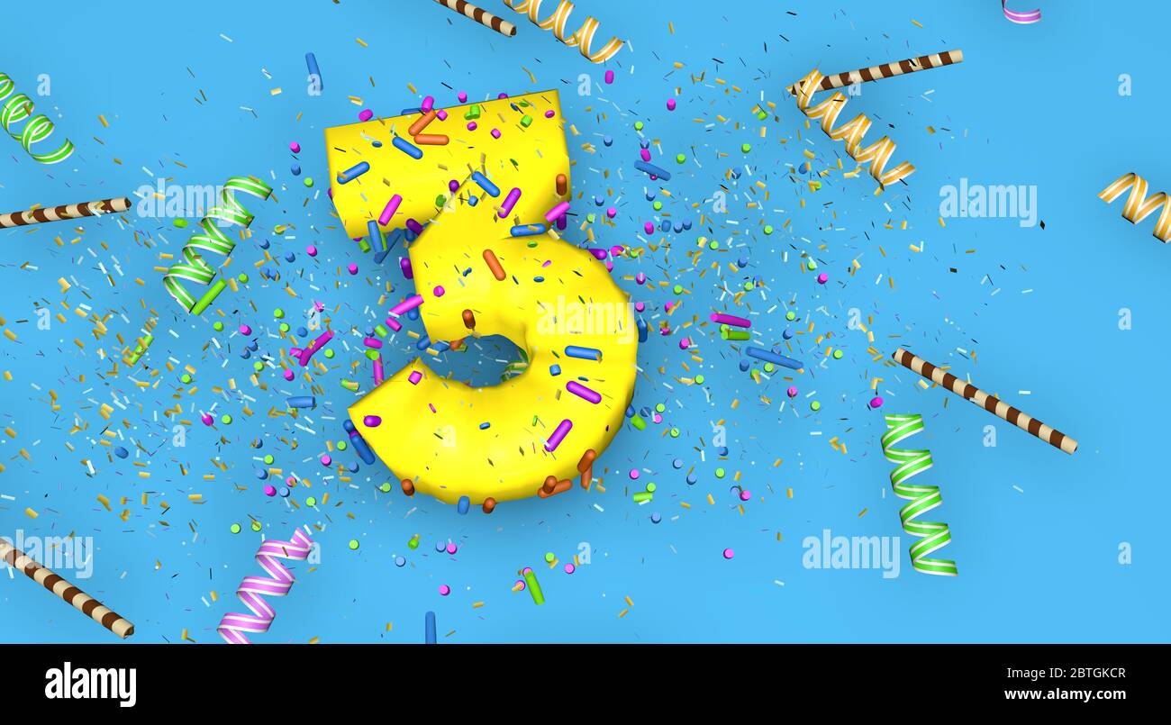Numero 3 per compleanno, anniversario o promozione, in lettere gialle spesse su sfondo blu decorate con caramelle, ruscelli, paillette di cioccolato e. Foto Stock