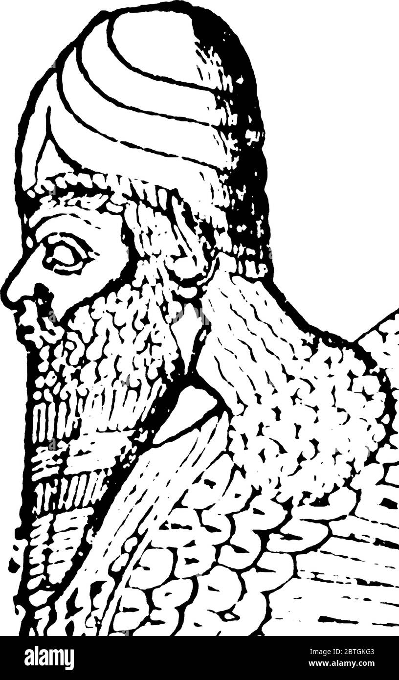 Figura rappresenta la scultura di Lamassu, è un essere celeste di antica religione mesopotamiana, disegno di linea d'epoca o illustrazione di incisione. Illustrazione Vettoriale