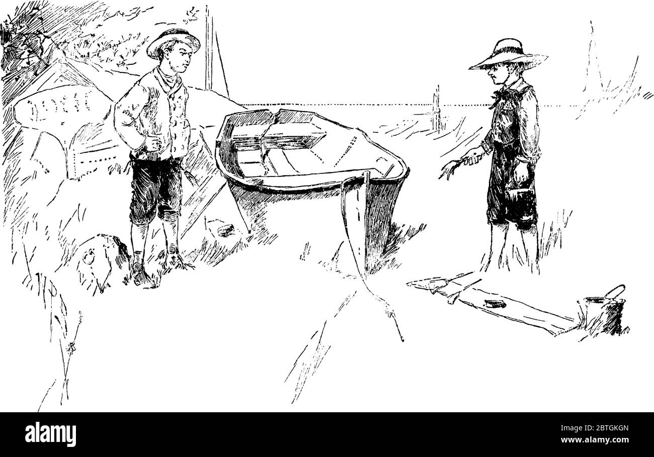 Due ragazzi che riparano e dipingono una barca, un disegno di linea vintage o un'illustrazione dell'incisione. Illustrazione Vettoriale