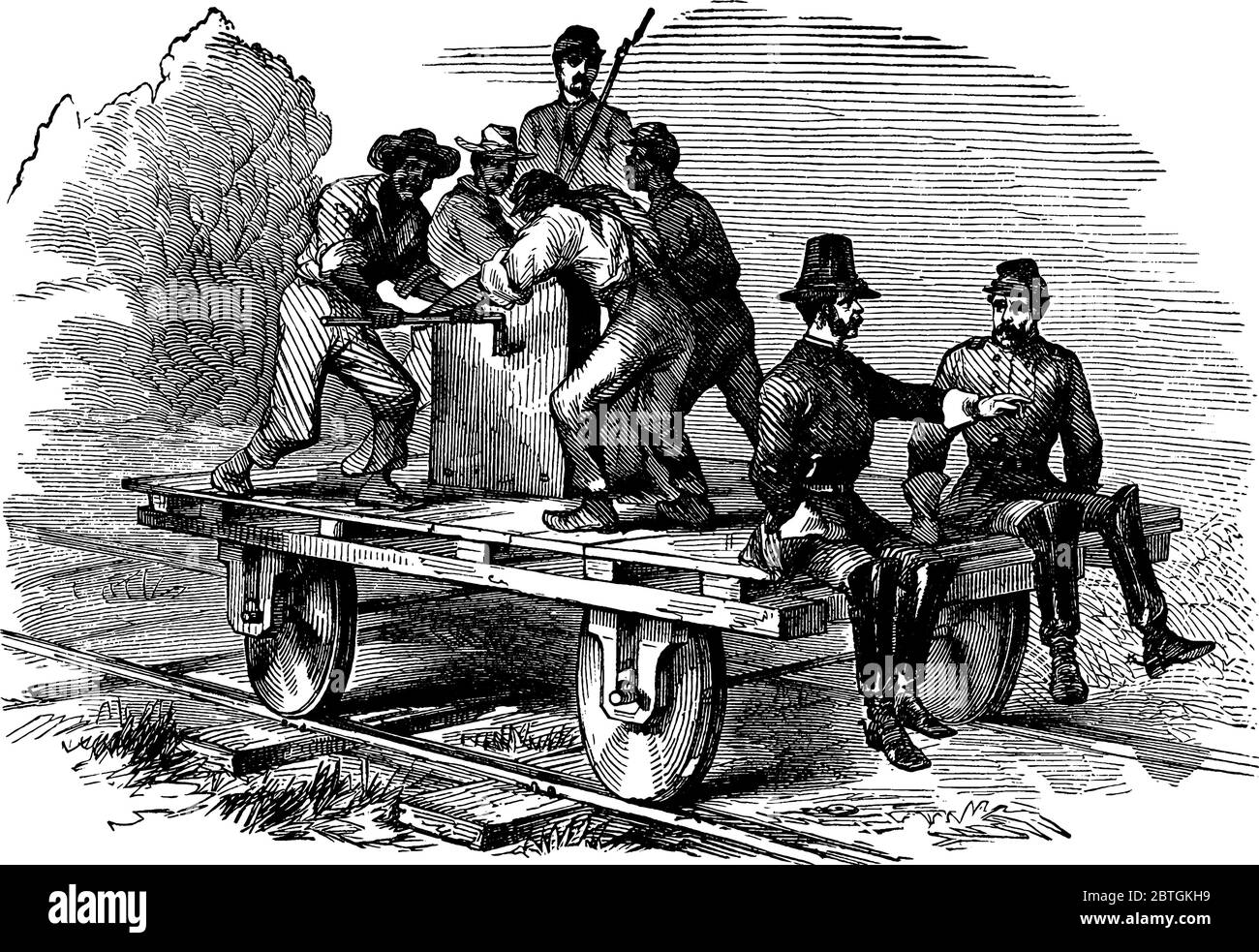 I conducenti afro-americani del treno bagagli attaccato alla brigata di Cavalleria del Generale Pleasonton innaffiando i loro muli nel Rappahannock, mostrando tre Illustrazione Vettoriale