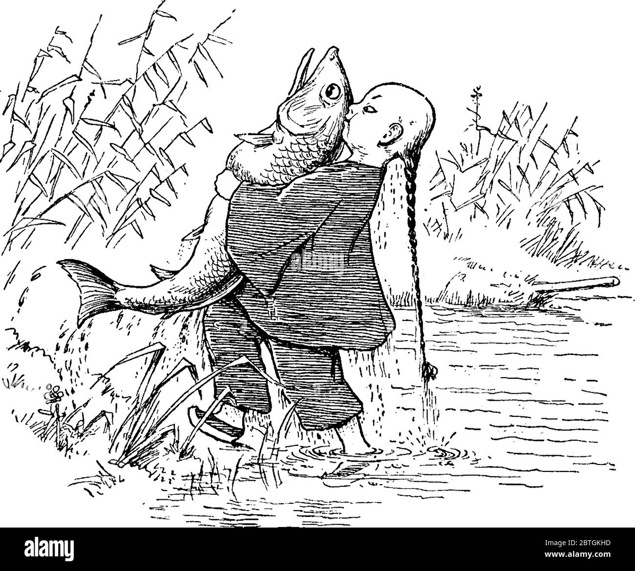 Raffigura un cartone animato, in cui Lun Chun Foo, pesca in modo divertente, disegno di linee vintage o illustrazione di incisione. Illustrazione Vettoriale