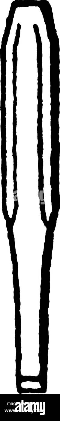 Tipica rappresentazione di uno scalpello a taglio trasversale, la sua lama si restringe dietro il tagliente, utilizzato per il taglio di scanalature, materiali duri e fessure, vintage Illustrazione Vettoriale