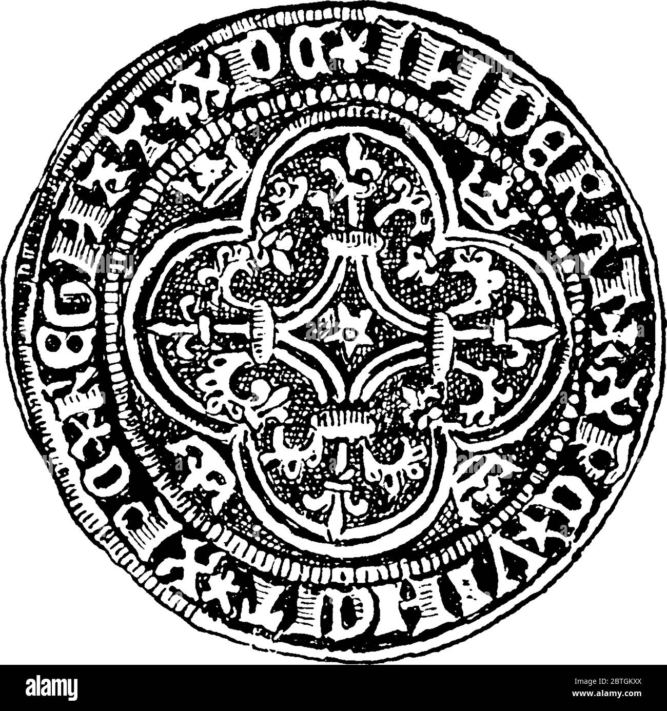 Il lato opposto dell'écu d'Or di Carlo VI, re di Francia, disegno di linea d'epoca o illustrazione dell'incisione. Illustrazione Vettoriale