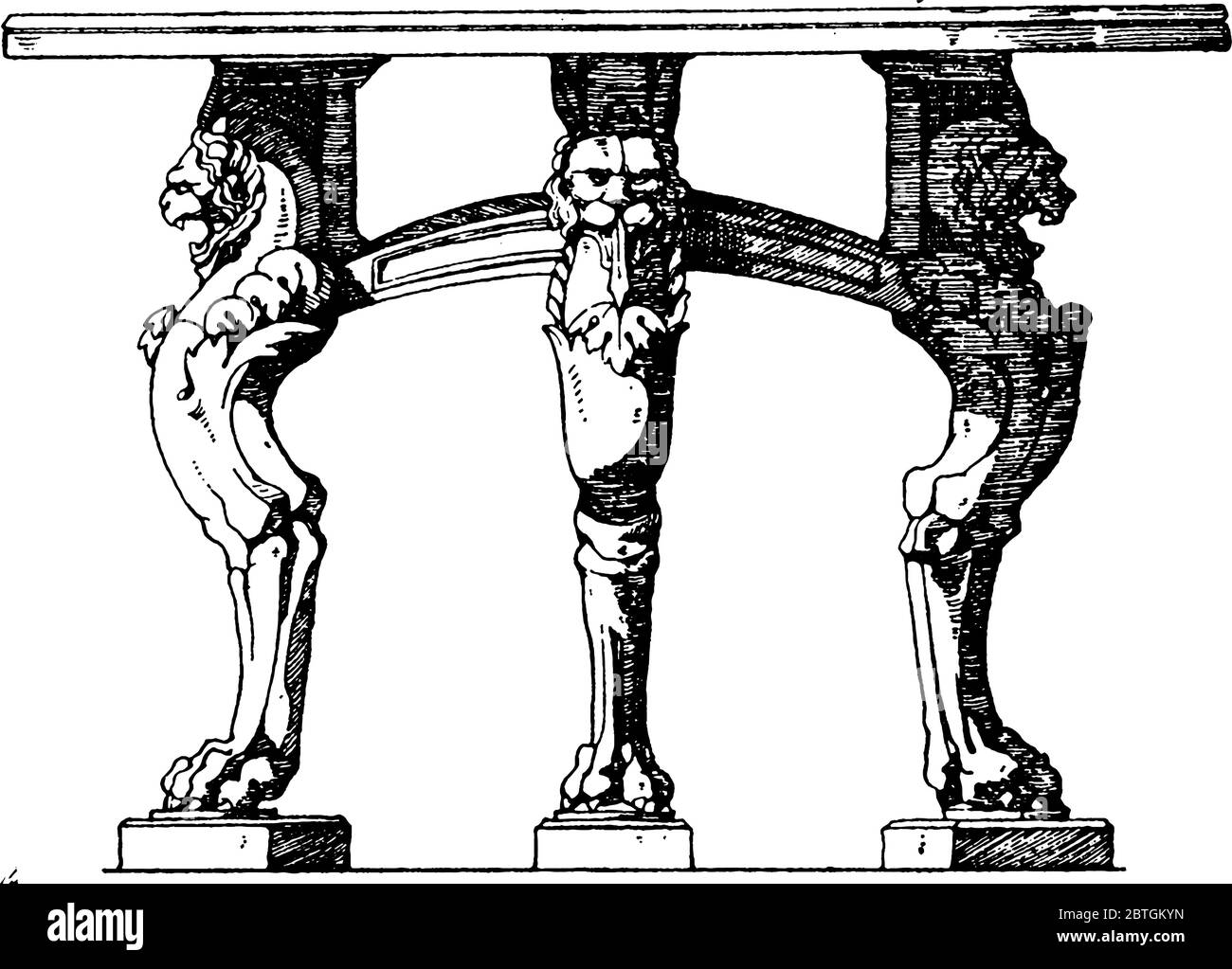 Il tavolo a tre gambe trapezio, di design romano, in cui le gambe del tavolo sono in marmo e il tavolo è una linea a mosaico vintage Illustrazione Vettoriale