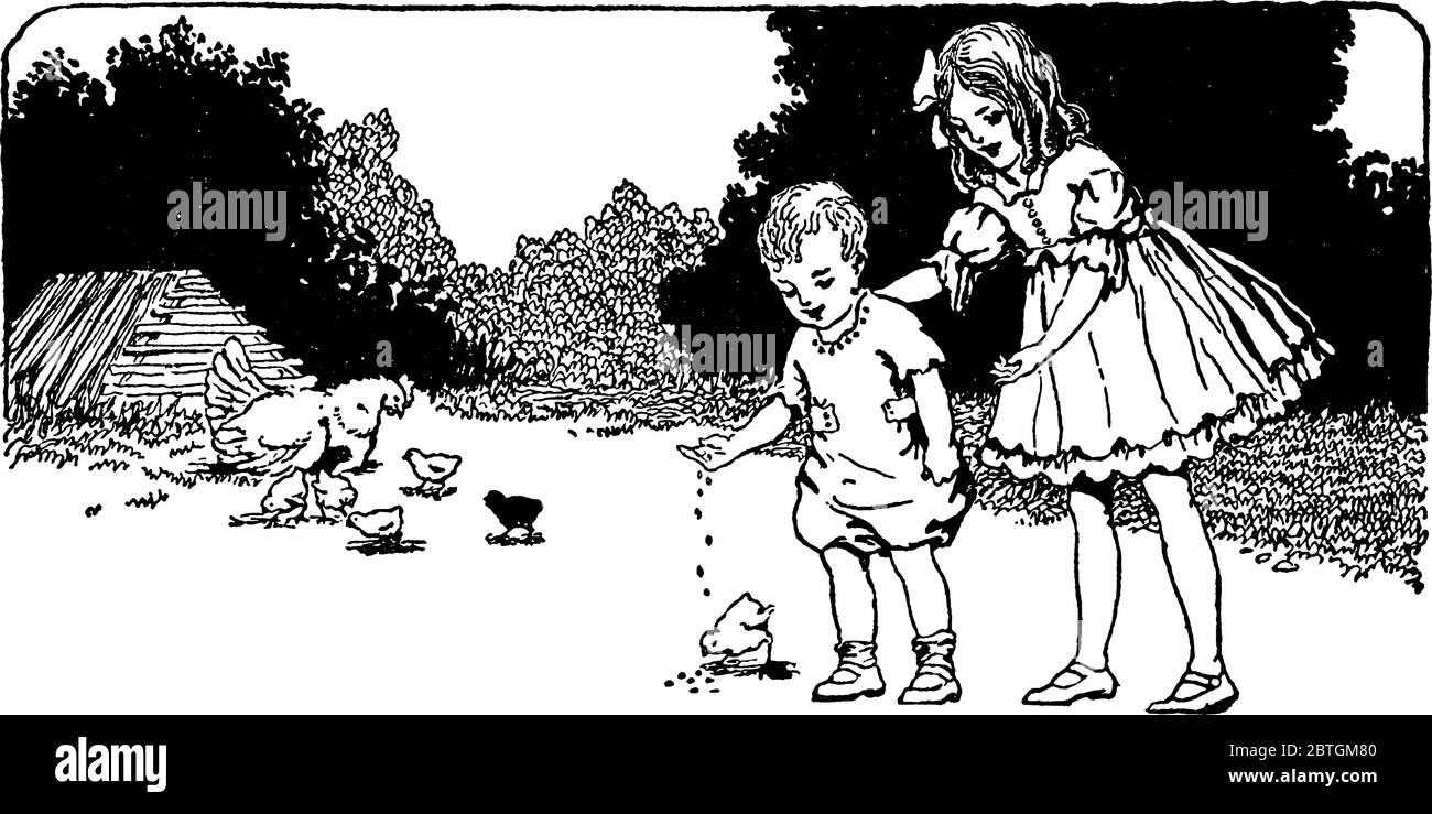 Figura che mostra i grani cadenti del mais per il toddler e la bambina ai pulcini, disegno di linea vintage o illustrazione di incisione. Illustrazione Vettoriale