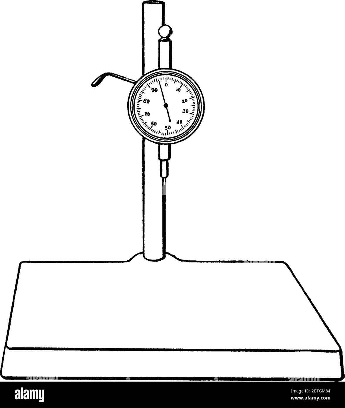 Una rappresentazione tipica di un indicatore di test che consiste in un quadrante montato su un supporto. Comparatore a quadrante per il controllo dell'altezza degli oggetti, vinta Illustrazione Vettoriale