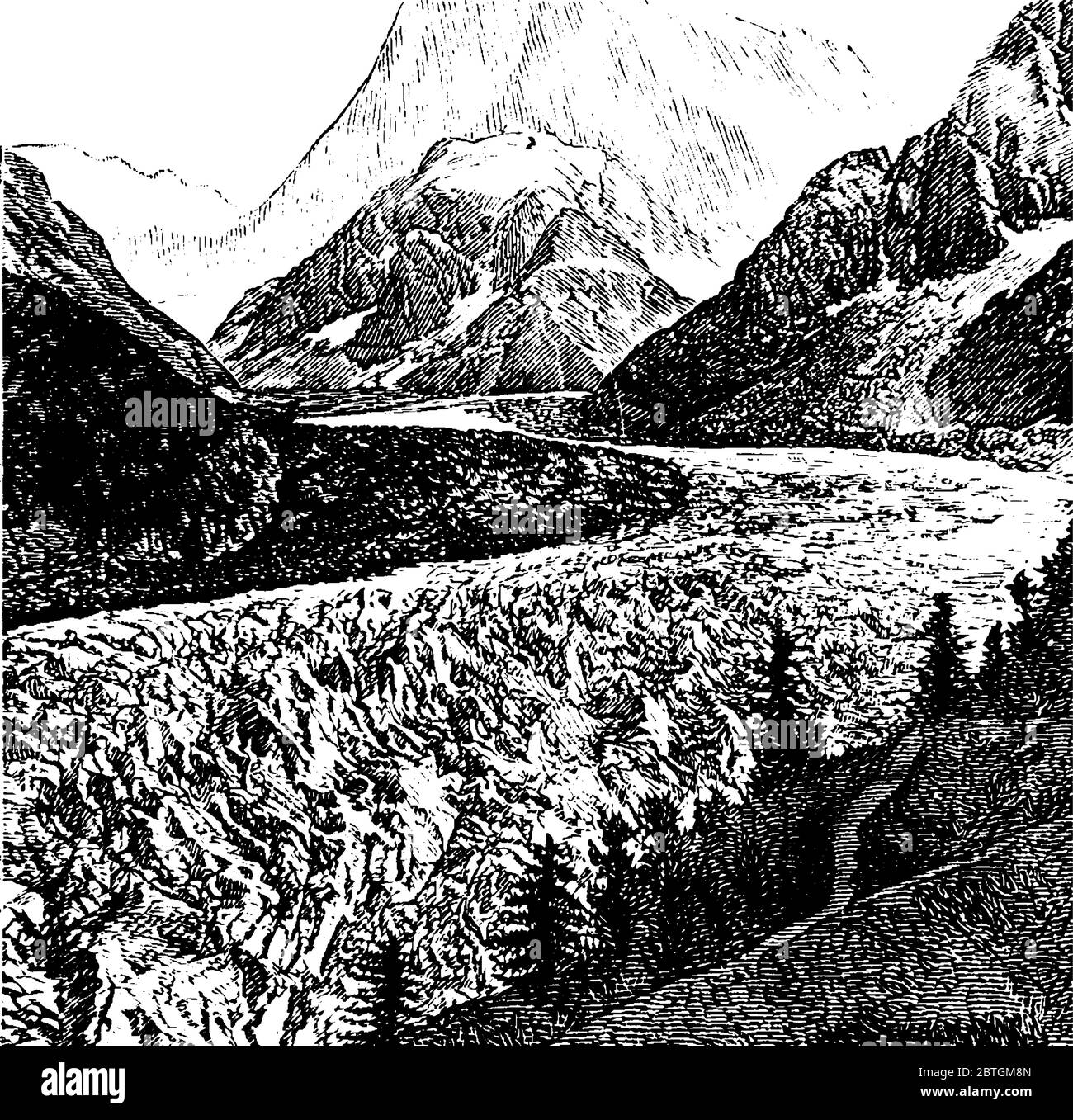 Il Mer lo sguardo è uno dei ghiacciai europei, composto da tre ghiacciai, disegni di linee d'epoca o illustrazioni di incisione. Illustrazione Vettoriale