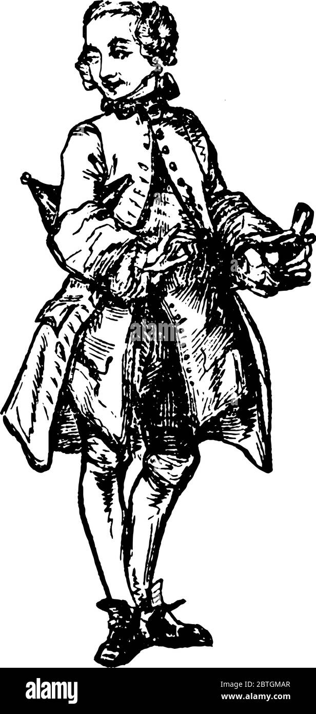 Un uomo in piedi in un abito tradizionale, disegno di linea vintage o illustrazione di incisione. Illustrazione Vettoriale