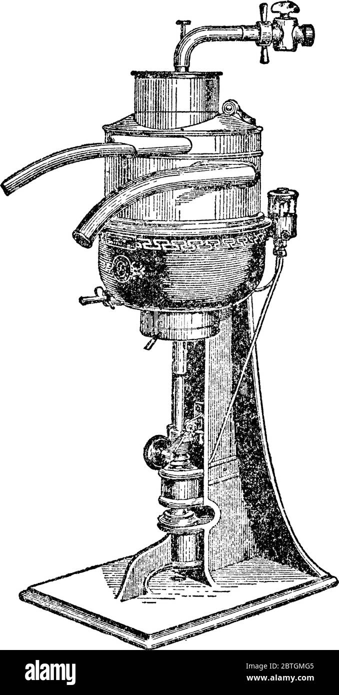 Power Cream Separator, utilizzato per separare la crema dal latte, dal disegno di linee vintage o dall'illustrazione dell'incisione. Illustrazione Vettoriale