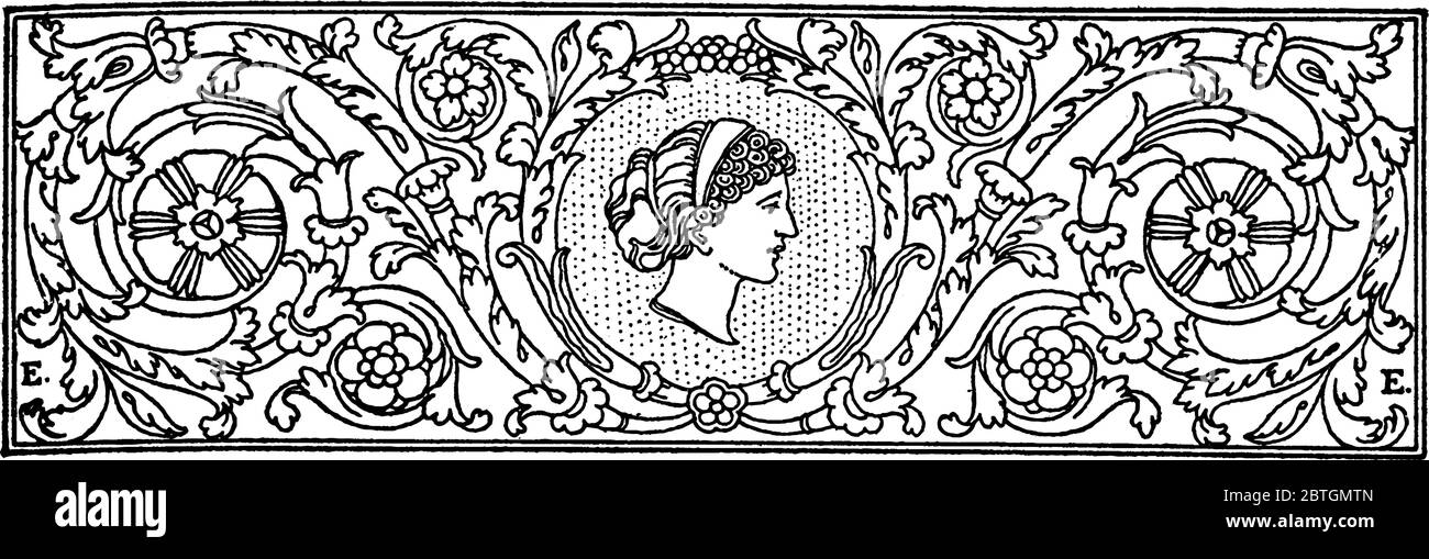 Figura che mostra il disegno di partitore ornato con disegno di ricamatore al centro, disegno di linea vintage o illustrazione di incisione. Illustrazione Vettoriale