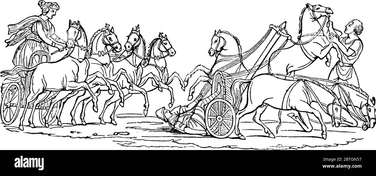 Un carro, un'automobile, due veicoli a ruote per il trasporto di persone, aperti in testa, così diversi dal corpentum, e chiusi di fronte; Illustrazione Vettoriale