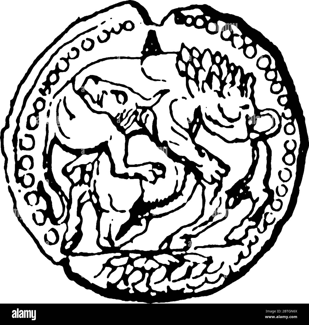 Scultura del Leone che attacca un toro su questa antica moneta greca d'argento di Acanthus, disegno di linea d'epoca o illustrazione dell'incisione. Illustrazione Vettoriale