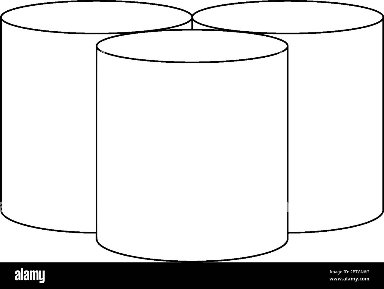 Tre cilindri circolari paralleli disposti insieme come lati curvi a contatto, con altezza e raggio di base uguali, disegno di linee vintage o incisione Illustrazione Vettoriale