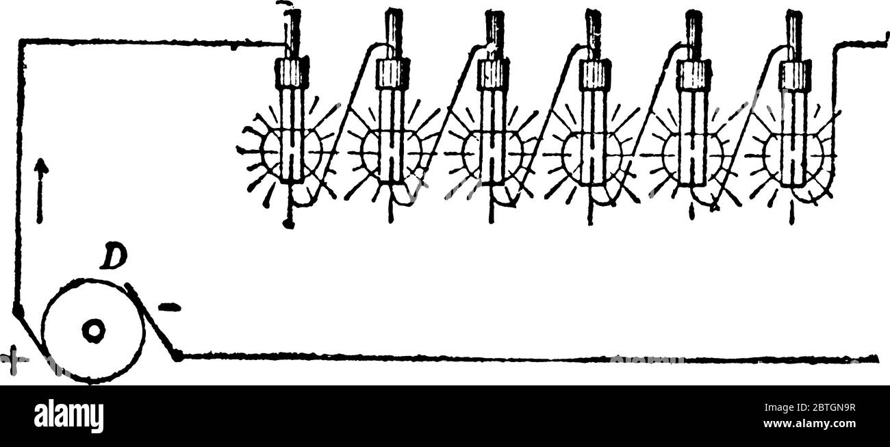 Il sistema di luci ad arco è un dispositivo utilizzato per ottenere luce elettrica conducendo una corrente di elettricità attraverso un mezzo resistente, come un gas o un ca Illustrazione Vettoriale