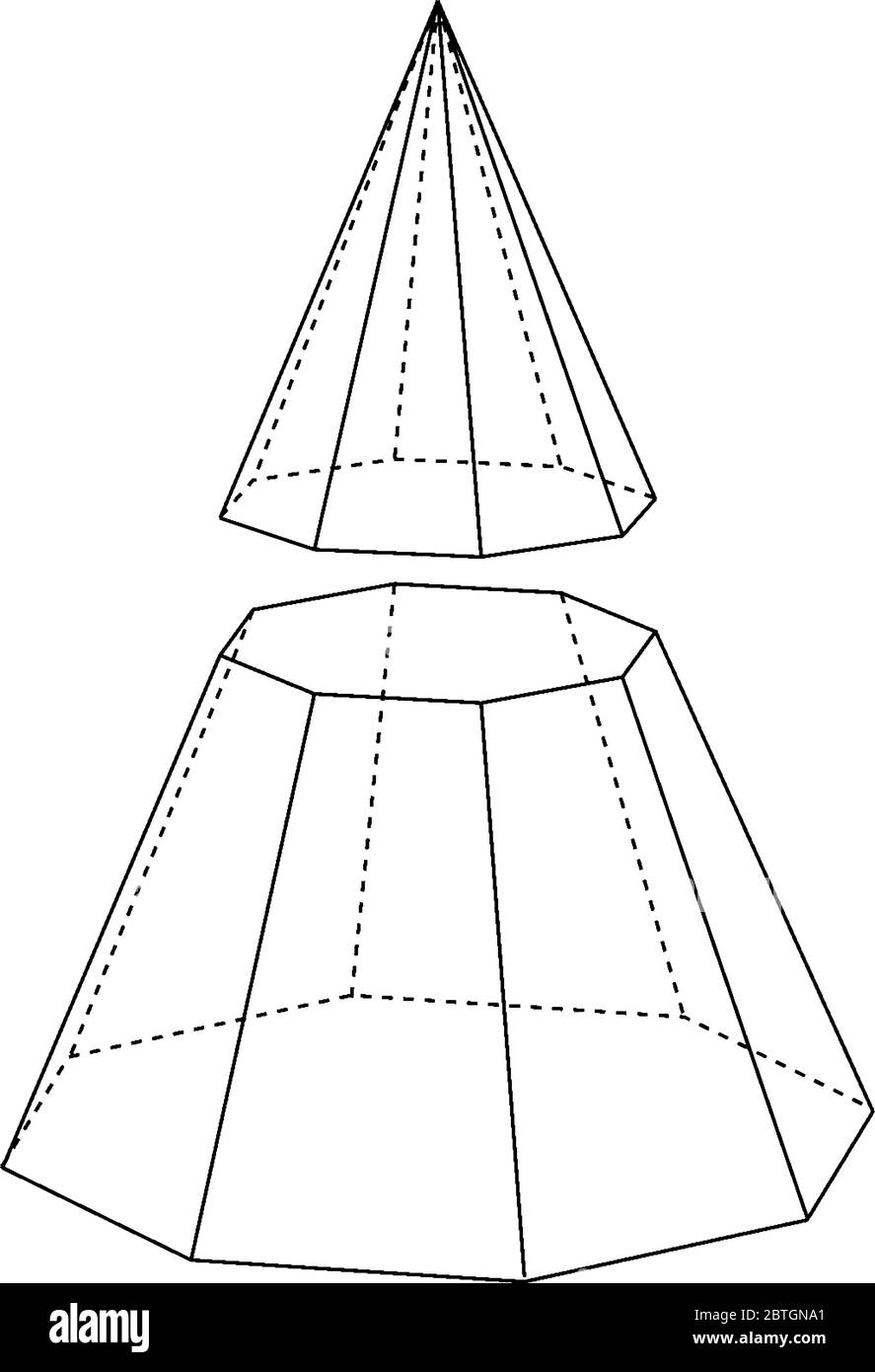 Ci sono due forme ottagonali che osservano come è globalmente uno ma tagliando vicino a metà diviso esso in due forme- una sta assomiglia ad un cono un secondo o Illustrazione Vettoriale