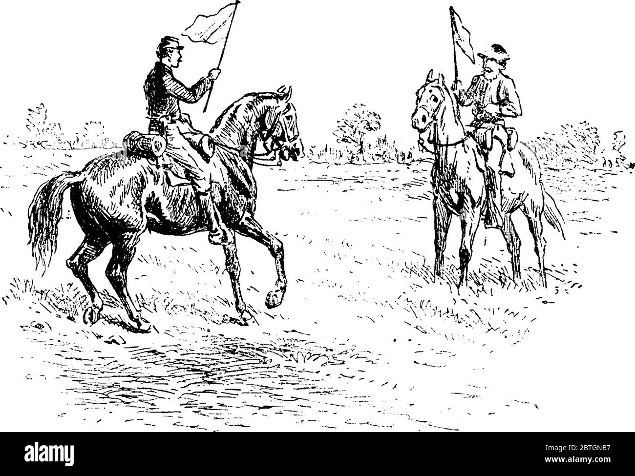 Il quadro raffigura soldati della guerra civile che sventolano la bandiera della tregua, segnalando un arresto nei combattimenti per entrambi i lati, disegno di linea vintage o incisioni illus Illustrazione Vettoriale