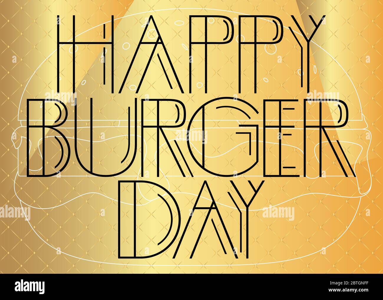 Testo Art Deco Happy Burger Day. Biglietto d'auguri decorativo, segno con lettere vintage. Illustrazione Vettoriale