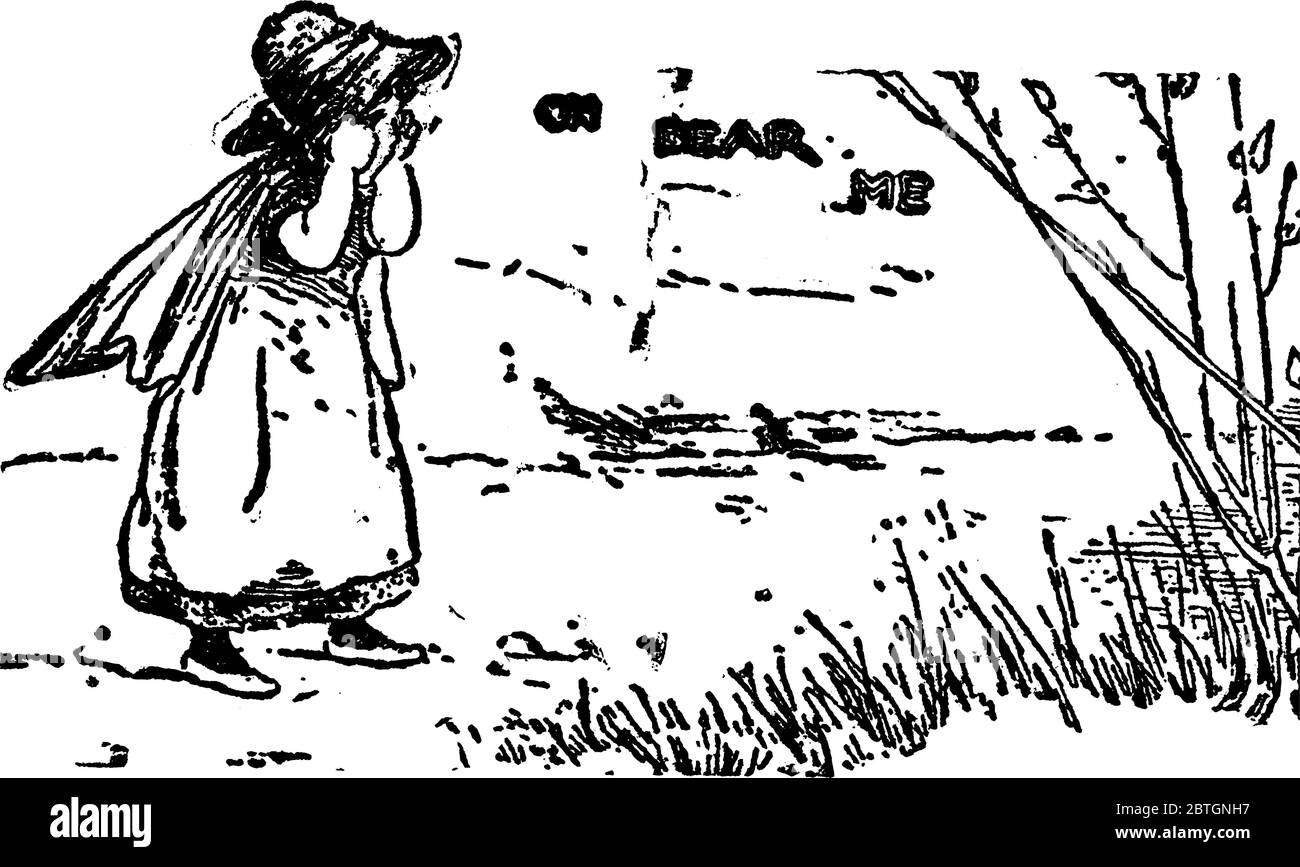 Una rappresentazione tipica di una bambina in piedi sul campo, schiacciando gli occhi e piangendo, disegno di linea vintage o illustrazione di incisione. Illustrazione Vettoriale