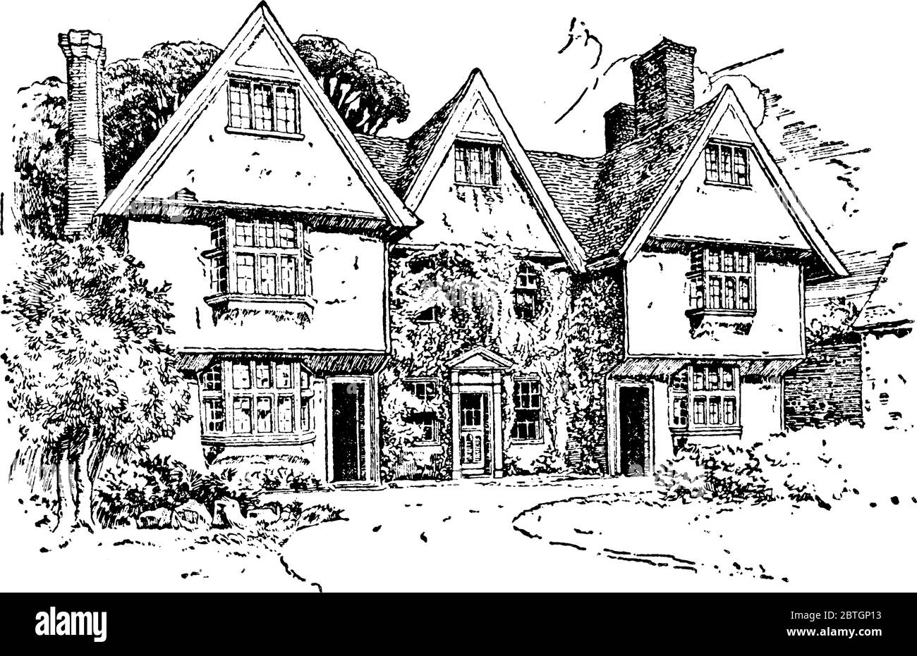 Una grande casa di campagna con terreno a Suffolk, Regno Unito, disegno di linea d'epoca o illustrazione di incisione. Illustrazione Vettoriale
