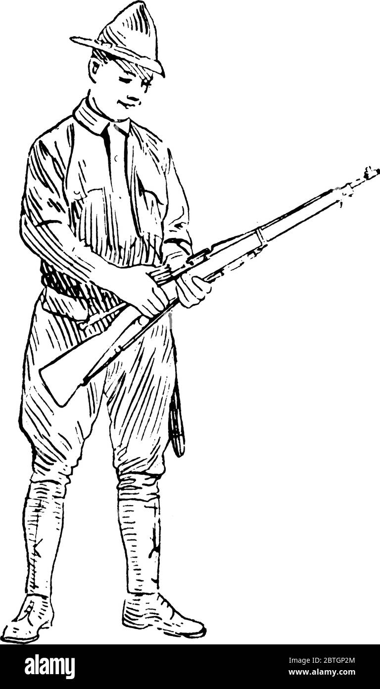 Un soldato, prende una clip caricata e inserisce l'estremità nelle fessure di scorrimento, posiziona il pollice sullo spazio della polvere della cartuccia superiore, disegno di linea vintage Illustrazione Vettoriale