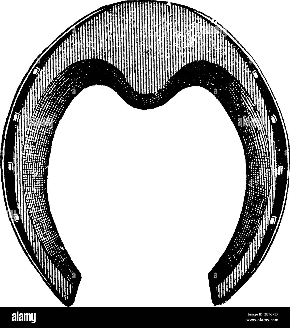 Horseshoe è una piastra metallica a forma di U, che protegge gli zoccoli dei cavalli, disegno di linee d'epoca o illustrazione dell'incisione. Illustrazione Vettoriale