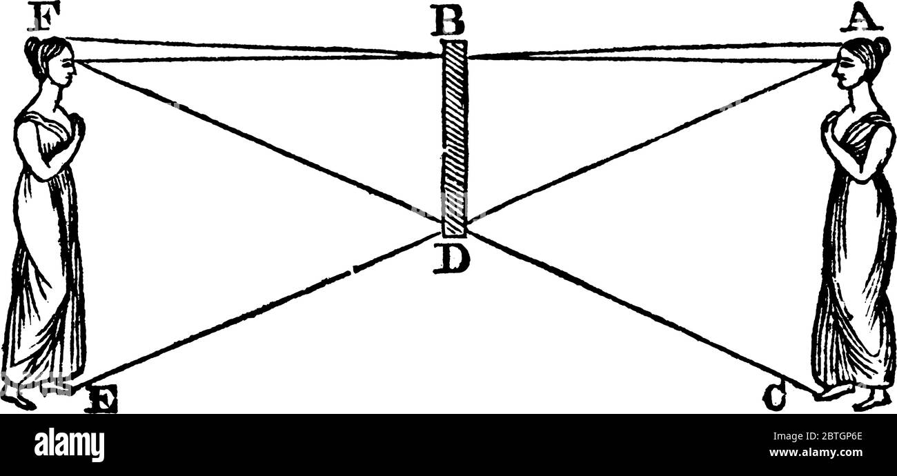 Per visualizzare l'immagine di un oggetto, è necessario uno specchio pari alla metà della lunghezza dell'oggetto, disegno di linee vintage o incisione di illu Illustrazione Vettoriale