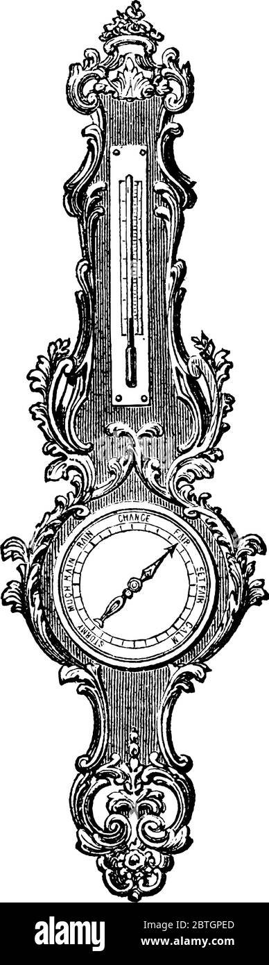 Strumento scientifico utilizzato per misurare la pressione atmosferica, generalmente utilizzato nelle previsioni meteorologiche, nel disegno di linee d'epoca o nell'illustrazione dell'incisione. Illustrazione Vettoriale