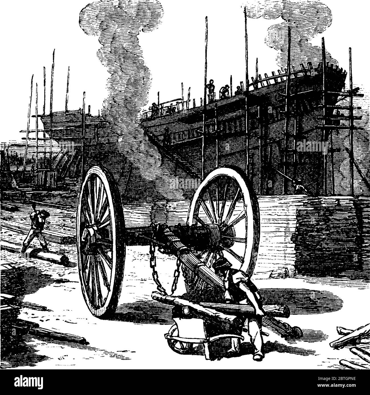 L'immagine raffigura costruttori che lavorano su una barca, una barca, utilizzata per trasportare merci e trasportare passeggeri da un luogo all'altro, linea d'epoca dra Illustrazione Vettoriale