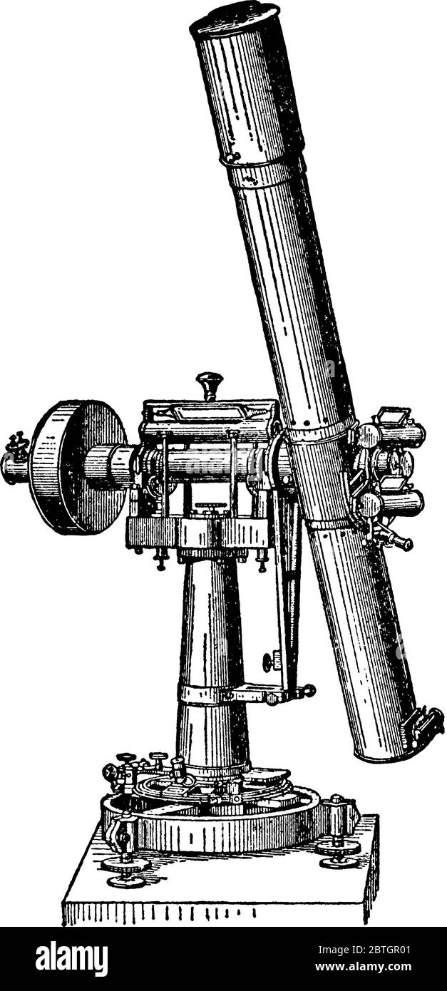 Telescopio Zenith costruito presso le stazioni internazionali di Berlino da Hermann Wanschaff, disegno di linee d'epoca o illustrazione dell'incisione. Illustrazione Vettoriale