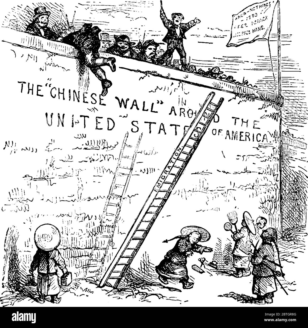 Questo semplice cartoon mostra gettando la scala dal muro cinese degli Stati Uniti, che significa che nessun immigrato cinese è permesso in America., vi Illustrazione Vettoriale