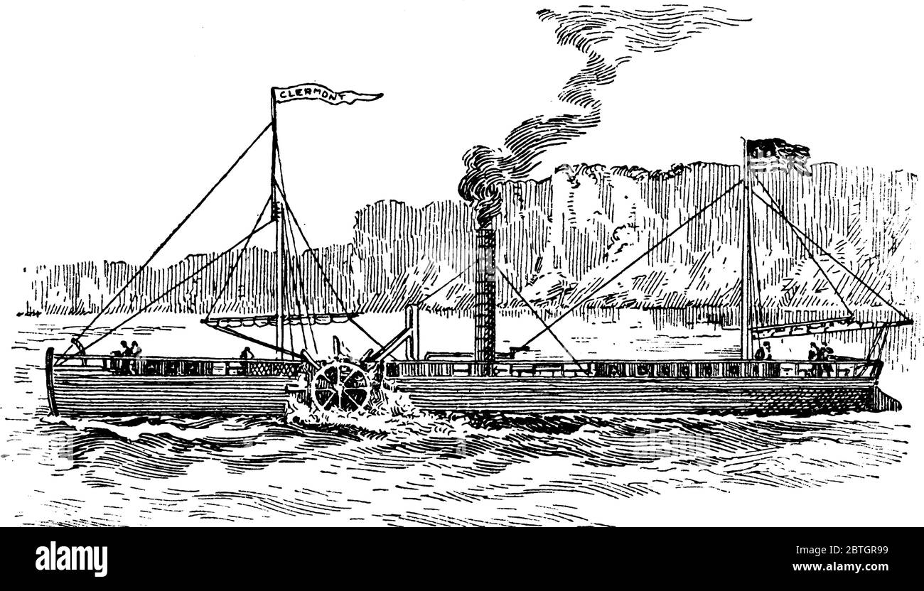 Primo Steamship commerciale, disegno di linea vintage o illustrazione di incisione. Illustrazione Vettoriale