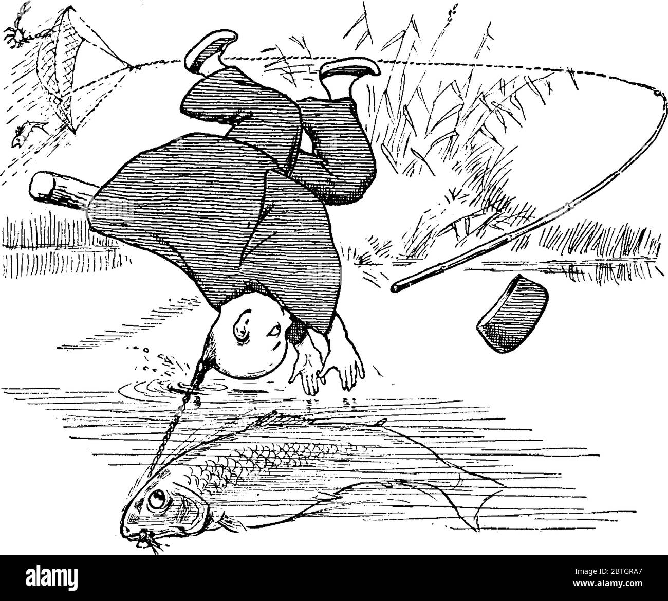 Raffigura un cartone animato, in cui Lun Chun Foo, pesca in modo divertente, disegno di linee vintage o illustrazione di incisione. Illustrazione Vettoriale