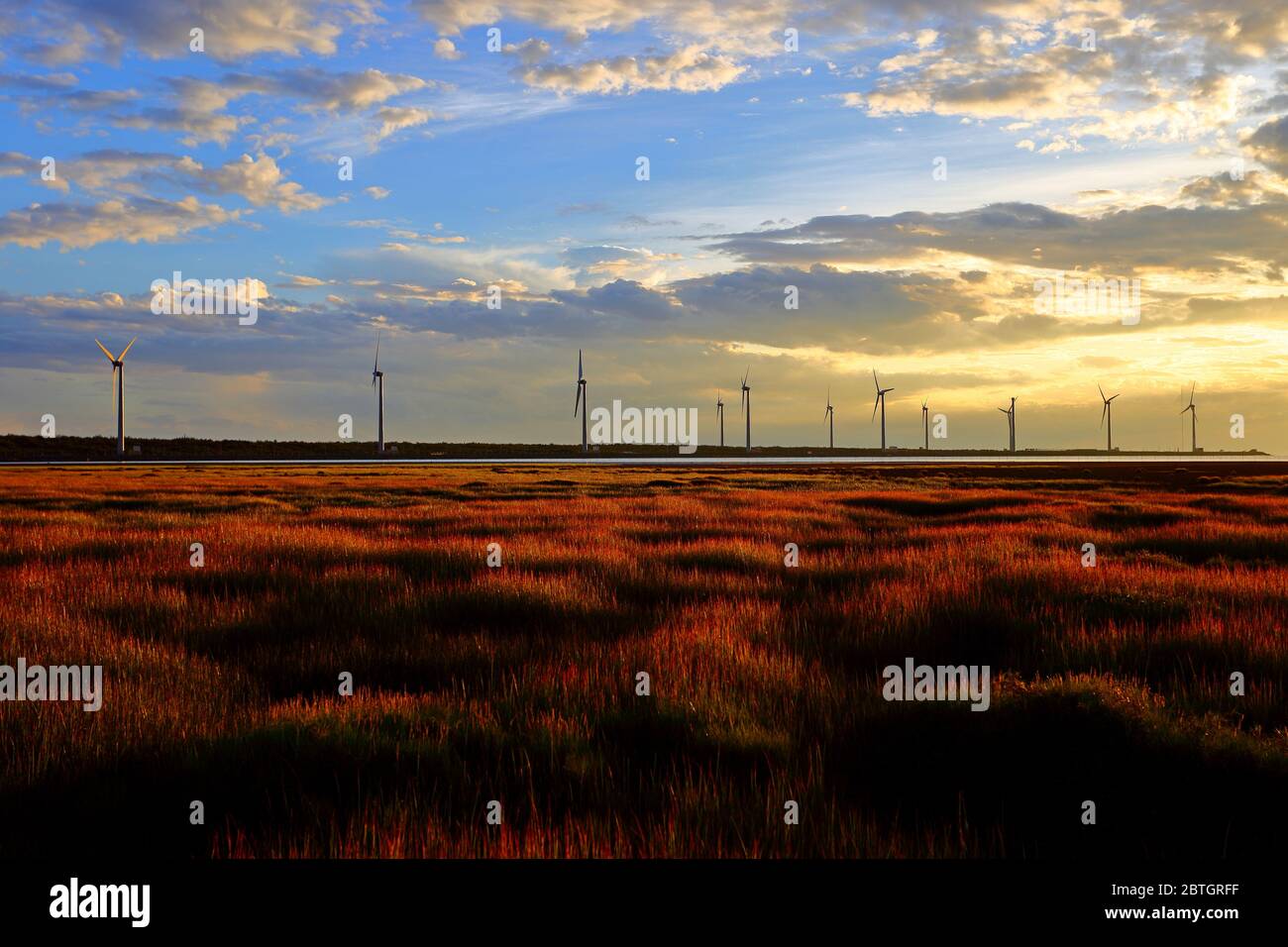 Zone umide di Gaomei durante il tramonto con lo sfondo di turbine eoliche a Taiwan Taichung, Foto Stock