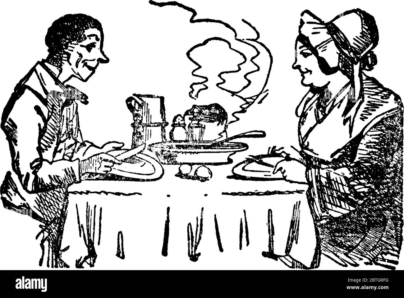 Una rappresentazione tipica di un marito e di una moglie seduti a cena, con cibi caldi e pronti a mangiare, disegno di linea vintage o incisione il Illustrazione Vettoriale