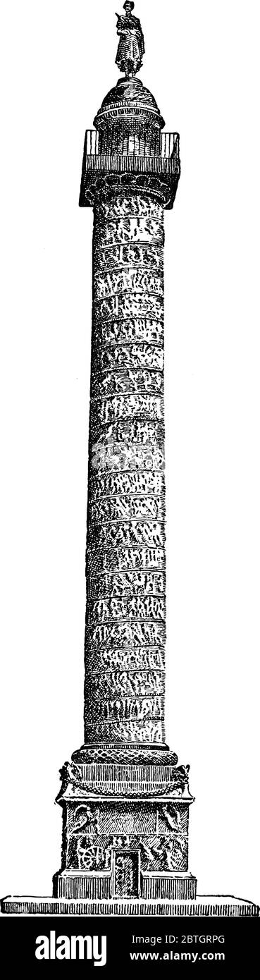 Una colonna cilindrica con uno status in alto è il punto di partenza di Rue de la Paix, disegno di linea vintage o illustrazione di incisione. Illustrazione Vettoriale