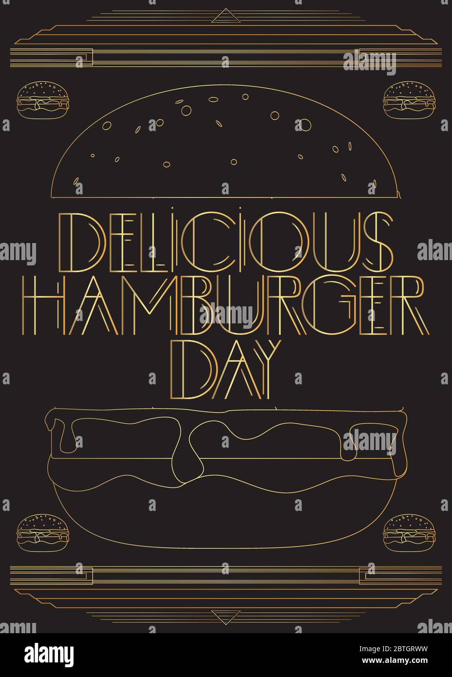 Art Deco Delicious Hamburger Day (maggio 28) testo. Biglietto d'auguri decorativo, segno con lettere vintage. Illustrazione Vettoriale