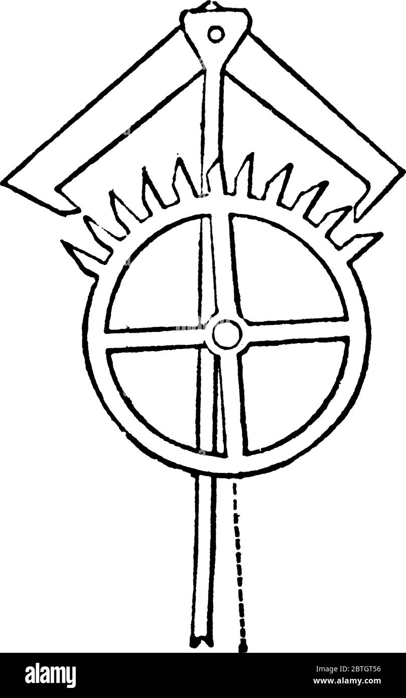 Un pezzo in orologi e orologi che converte il movimento rotatorio in oscillazione, come in un pendolo, disegno di linee vintage o illustrazione di incisione. Illustrazione Vettoriale