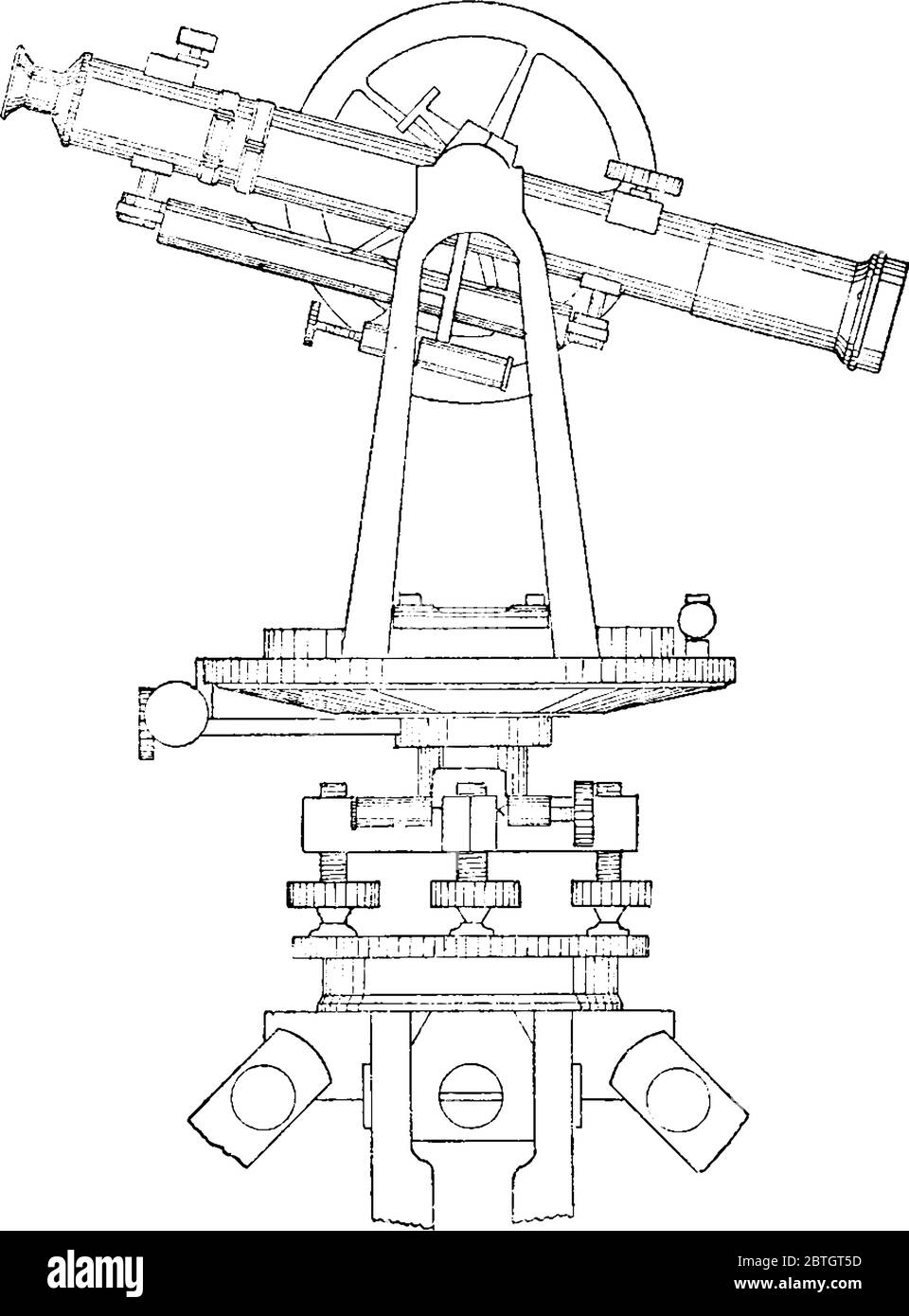 Un telescopio di transito, montato in modo da consentirne l'puntamento solo su oggetti nel cielo che attraversano il meridiano locale, evento noto come transito. Thes Illustrazione Vettoriale