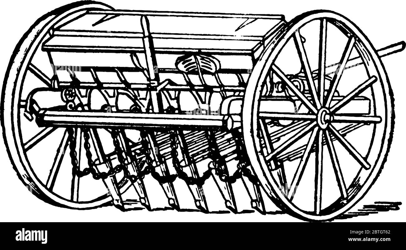 Un trapano di grano di circa 20 ° secolo avente 2 ruote e 6 teste di perforazione, disegno di linea vintage o illustrazione di incisione. Illustrazione Vettoriale