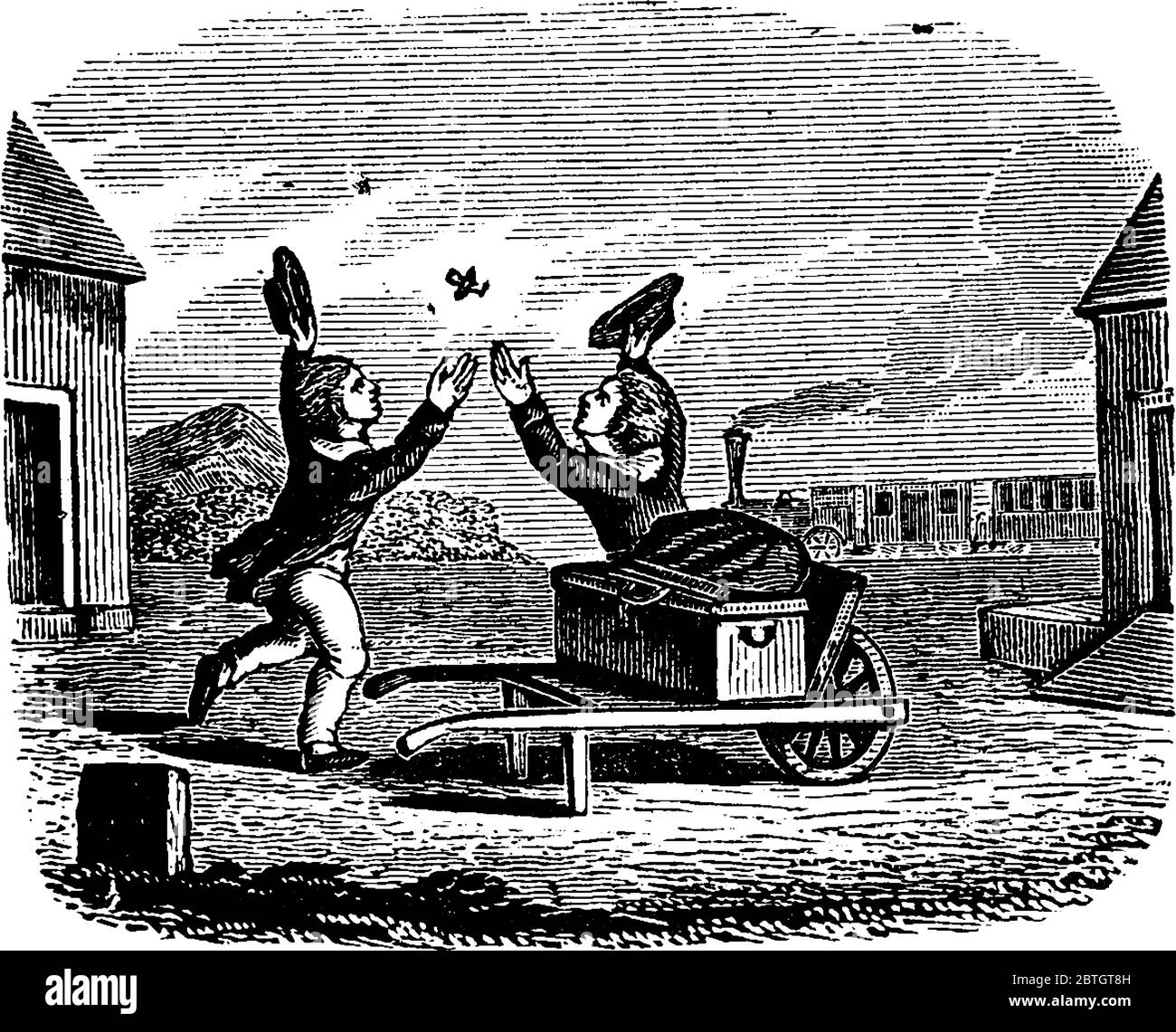 Due viaggiatori sono mostrati che stanno andando per il loro lavoro avendo mancanza di tempo ma in mezzo hanno trovato una farfalla ed hanno ottenuto distract dal loro lavoro, vinta Illustrazione Vettoriale