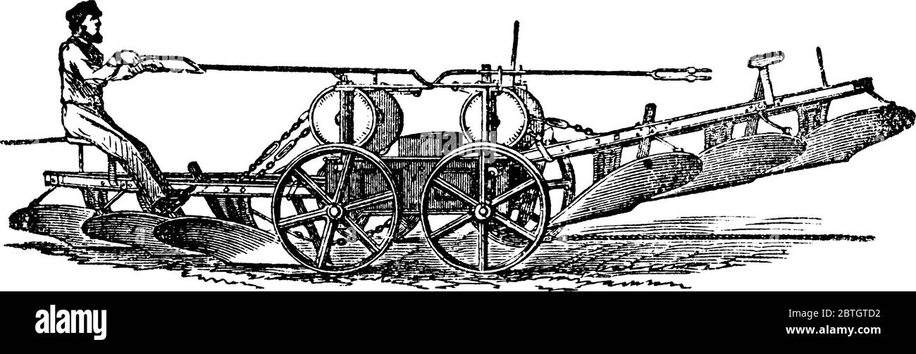 Un reaper che aziona un aratro, che ha due forti telai in ferro bilanciati su quattro ruote, e che si incrociano l'uno con l'altro alle loro estremità interne, linea vintage disegnare Illustrazione Vettoriale
