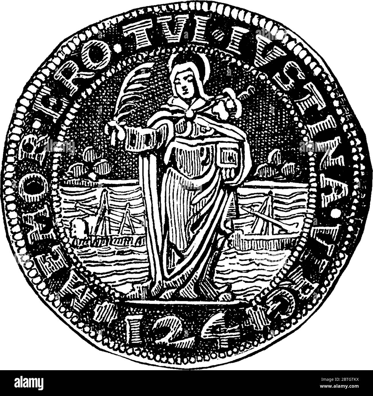 Il lato opposto di un ducatoone, una moneta d'argento, colpito da Antonio Priuli, doge di Venezia d.C. 1618-1623, disegno di linea d'epoca o illustrazione di incisione Illustrazione Vettoriale