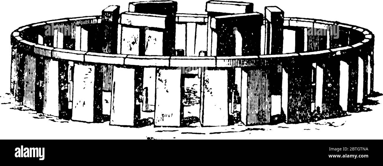 L'immagine mostra cerchi di pietre verticali in ferro battuto, noti come templi Druidici, disegni o incisioni di linee d'epoca, illustrazione d'epoca. Illustrazione Vettoriale