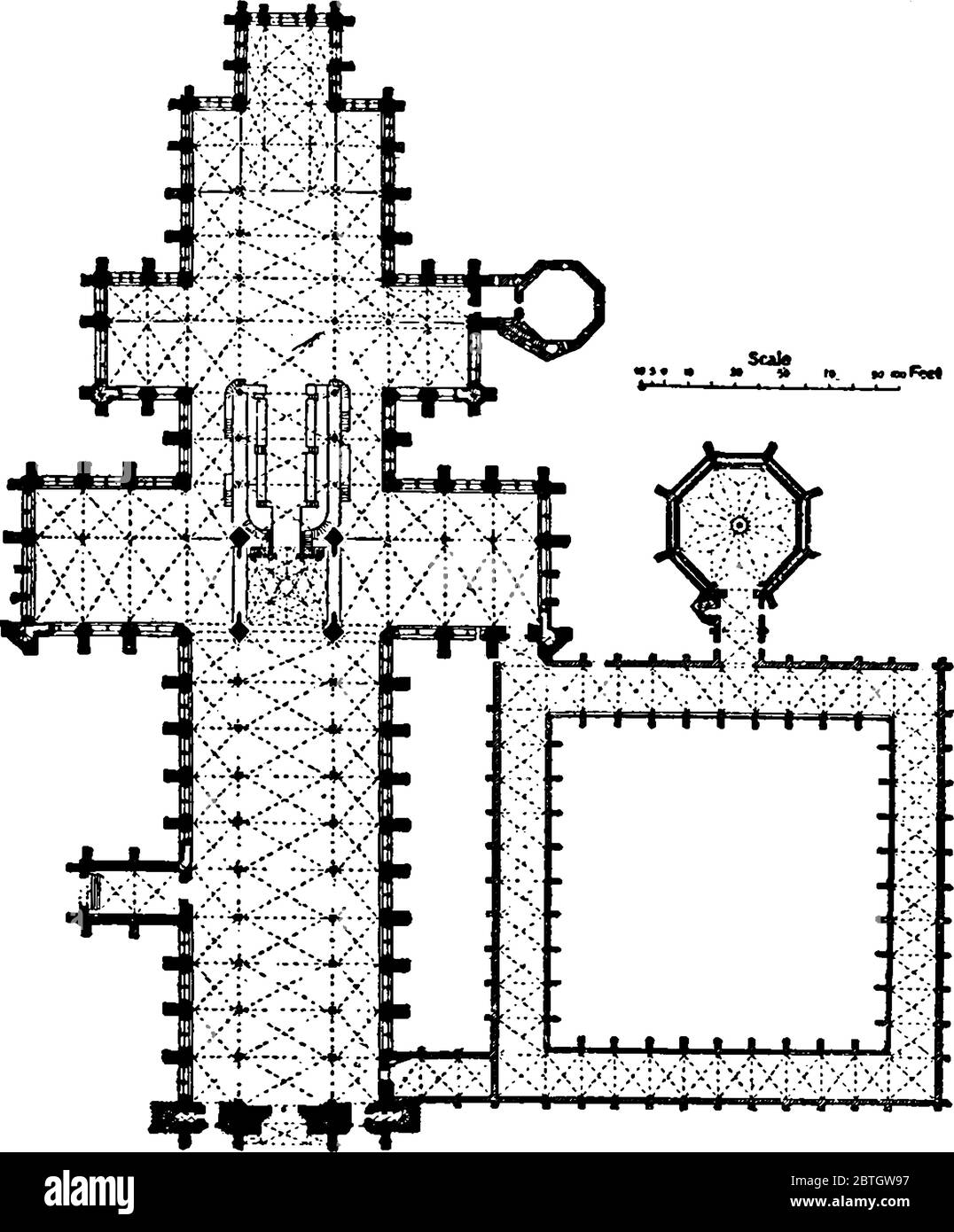 Un'illustrazione della pianta della cattedrale di Salisbury, disegno di linee d'epoca o illustrazione di incisione. Illustrazione Vettoriale