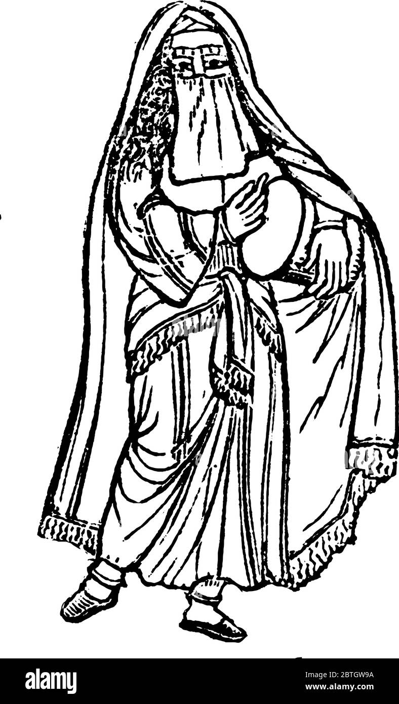 Una ballerina egiziana ben vestito nel suo costume da ballo del diciannovesimo secolo, tenendo un tamburo nelle sue mani, disegno di linea vintage o incisione i Illustrazione Vettoriale