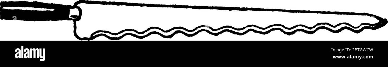 Un coltello dentellato, con la loro scaloppata, come il bordo, disegno di linea vintage o illustrazione di incisione. Illustrazione Vettoriale